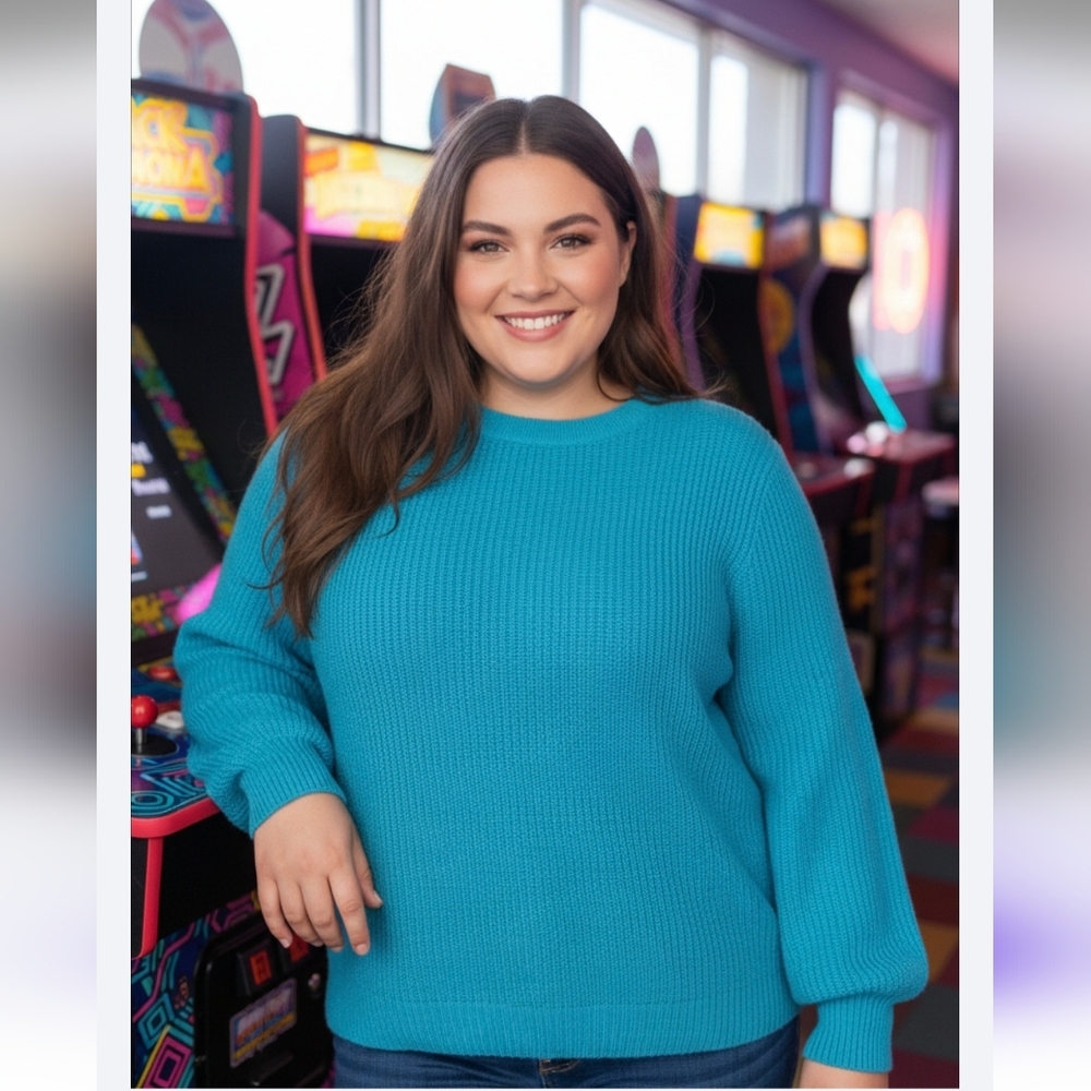 🎉Woman Within Retro 80's Turquoise Knit Sweater